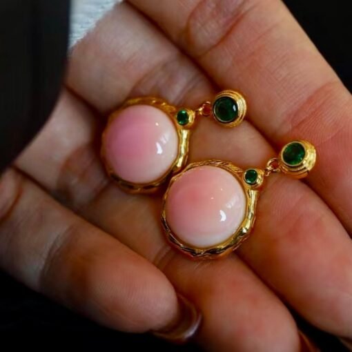 Natural Pink Queen Conch Shell drop earring gold plated silver|Statement Pink Gemstone Jewelry|Unique Earring For Her|Bezel set drop Earring - Image 2
