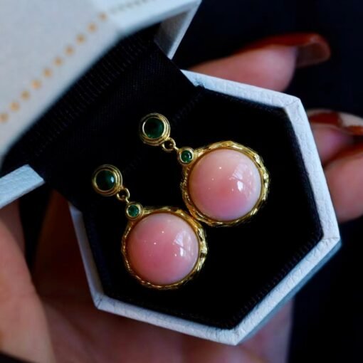 Natural Pink Queen Conch Shell drop earring gold plated silver|Statement Pink Gemstone Jewelry|Unique Earring For Her|Bezel set drop Earring - Image 8