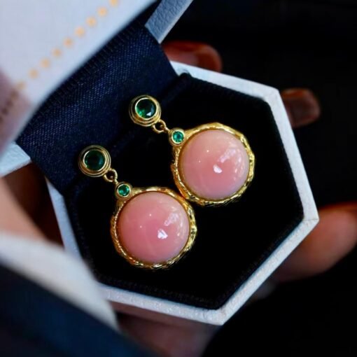 Natural Pink Queen Conch Shell drop earring gold plated silver|Statement Pink Gemstone Jewelry|Unique Earring For Her|Bezel set drop Earring - Image 5