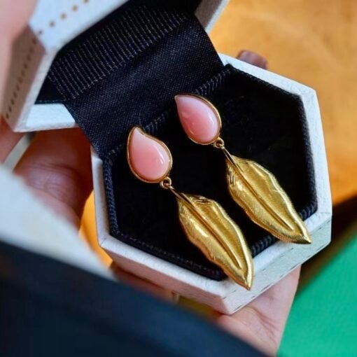 Natural Teardrop Bezel Pink Queen Conch Shell drop earring silver/Art Deco Trendy Real Pink Gemstone Jewelry|Statement Unique Earring gold
