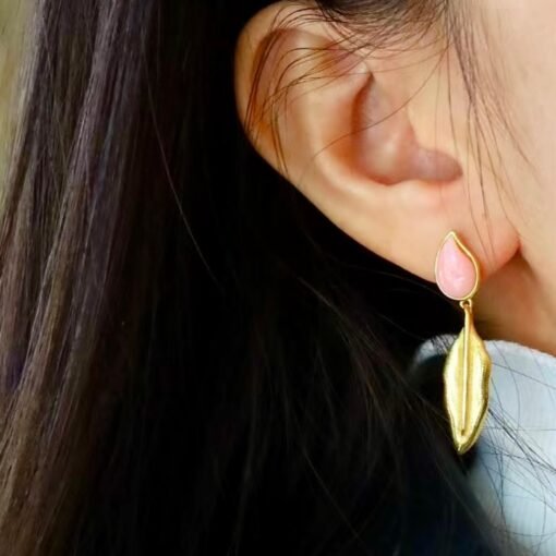 Natural Teardrop Bezel Pink Queen Conch Shell drop earring silver/Art Deco Trendy Real Pink Gemstone Jewelry|Statement Unique Earring gold - Image 4
