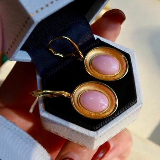 Natural Oval  Bezel Pink Queen Conch Shell drop with  earring silver/Art Deco Trendy Pink Gemstone Jewelry|Statement Unique Earring - Image 5