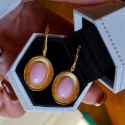 Natural Oval  Bezel Pink Queen Conch Shell drop with  earring silver/Art Deco Trendy Pink Gemstone Jewelry|Statement Unique Earring