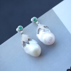 Unique Baroque Pearl Drop Earrings with Zircon silver|Big Natural Genuine Pearl Earrings women|Modern Art Deco Pearl Stud Earrings