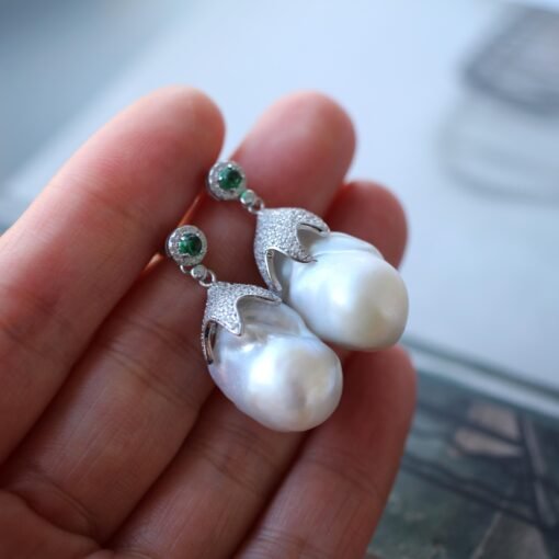 Unique Baroque Pearl Drop Earrings with Zircon silver|Big Natural Genuine Pearl Earrings women|Modern Art Deco Pearl Stud Earrings - Image 2