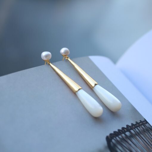 Natural Mother of Pearl Drop Earrings Silver|Unique White Gemstone Earrings|Statement Mother of Pearl Earring|Long Gemstone Earrings For Her - Image 3