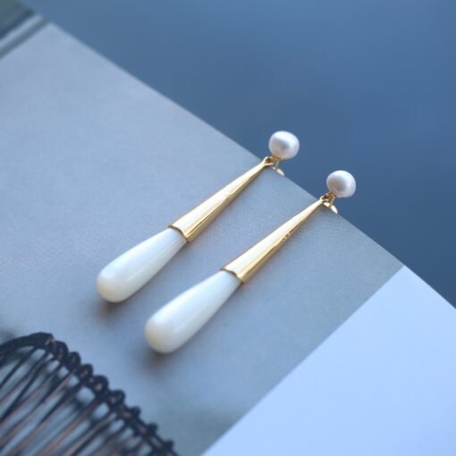 Natural Mother of Pearl Drop Earrings Silver|Unique White Gemstone Earrings|Statement Mother of Pearl Earring|Long Gemstone Earrings For Her