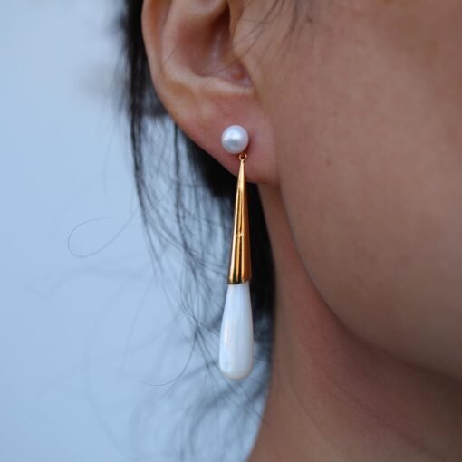 Natural Mother of Pearl Drop Earrings Silver|Unique White Gemstone Earrings|Statement Mother of Pearl Earring|Long Gemstone Earrings For Her - Image 4
