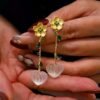 Natural Quartz with Green zircon Teardrop Earrings silver/Unique Chunky Quartz Drop Earrings Women/Art Deco Vintage Quartz Earrings Gold