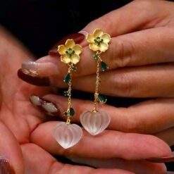 Natural Quartz with Green zircon Teardrop Earrings silver/Unique Chunky Quartz Drop Earrings Women/Art Deco Vintage Quartz Earrings Gold