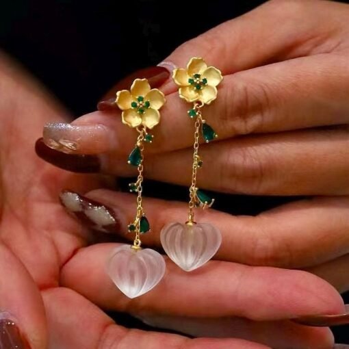 Natural Quartz with Green zircon Teardrop Earrings silver/Unique Chunky Quartz Drop Earrings Women/Art Deco Vintage Quartz Earrings Gold