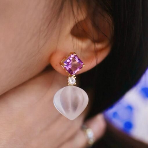 Natural Quartz with Amethyst Teardrop Earrings silver/Unique Chunky Quartz Drop Earrings Women/Art Deco Modern Statement Quartz Earrings - Image 4