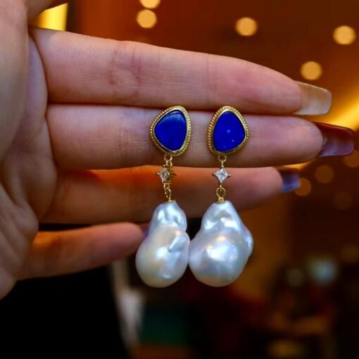 Unique Pearl Drop Earrings With Lapis Lazuli Silver|Real Pearl Studs Earrings|Vintage Statement Pearl Earrings|Natural Handmade Earrings - Image 7