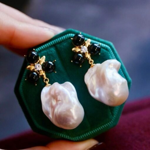 Natural baroque pearl Studs Earrings With Black Agate|Charm Pearl Jewelry Set|Dainty Pearl Pendant Women|Unique Pearl Earring - Image 2