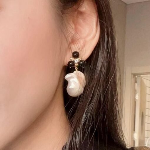 Natural baroque pearl Studs Earrings With Black Agate|Charm Pearl Jewelry Set|Dainty Pearl Pendant Women|Unique Pearl Earring - Image 3