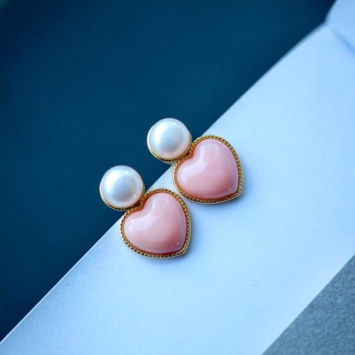 Natural Heart Pink Queen Conch Shell with pearl earring silver/Art Deco Trendy real pearl Jewelry|Unique Earring|Heart Stud Earrings - Image 3