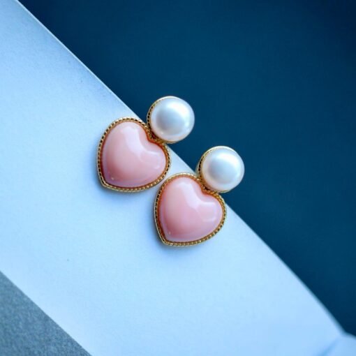 Natural Heart Pink Queen Conch Shell with pearl earring silver/Art Deco Trendy real pearl Jewelry|Unique Earring|Heart Stud Earrings - Image 8