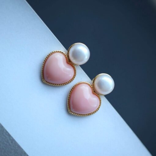Natural Heart Pink Queen Conch Shell with pearl earring silver/Art Deco Trendy real pearl Jewelry|Unique Earring|Heart Stud Earrings - Image 6