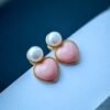 Natural Heart Pink Queen Conch Shell with pearl earring silver/Art Deco Trendy real pearl Jewelry|Unique Earring|Heart Stud Earrings