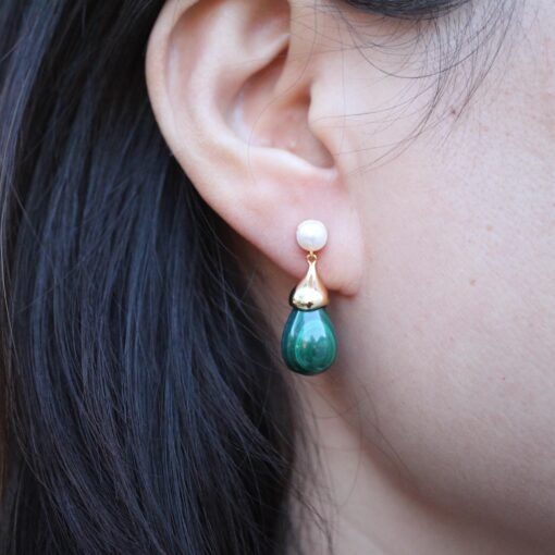 Natural Malachite Drop Earrings 925 Silver/Dainty Malachite With Pearl drop |Malachite Earrings|Green Earrings/Unique Earringsvintage drops - Image 7