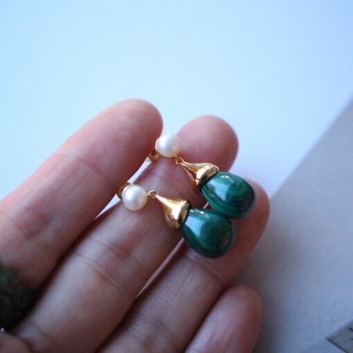 Natural Malachite Drop Earrings 925 Silver/Dainty Malachite With Pearl drop |Malachite Earrings|Green Earrings/Unique Earringsvintage drops - Image 3