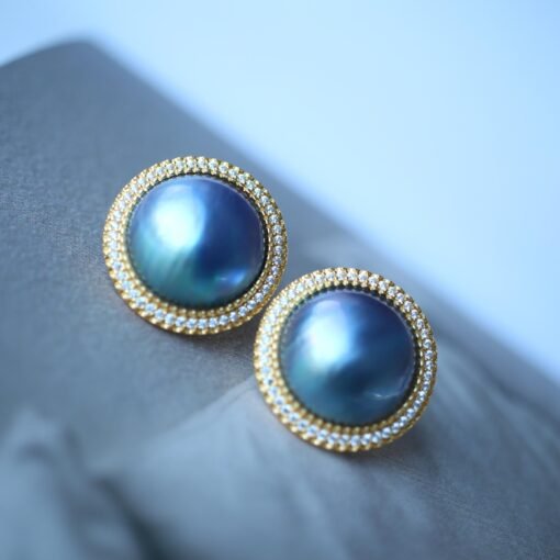 Natural Mabe Pearl Studs with Zircon Sterling Sliver|Pearl Halo Zircon Stud|Statement Studs Earring|Real Pearl Stud|Perfect Anniversary Gift - Image 3