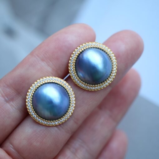 Natural Mabe Pearl Studs with Zircon Sterling Sliver|Pearl Halo Zircon Stud|Statement Studs Earring|Real Pearl Stud|Perfect Anniversary Gift - Image 2