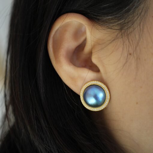 Natural Mabe Pearl Studs with Zircon Sterling Sliver|Pearl Halo Zircon Stud|Statement Studs Earring|Real Pearl Stud|Perfect Anniversary Gift - Image 4