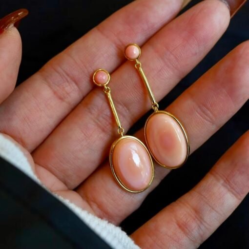 Natural Oval Bezel Pink Queen Conch Shell drop earring silver/Art Deco Trendy Real Pink Gemstone Jewelry|Statement Unique Earring gold - Image 3