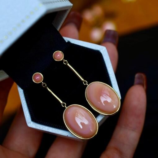 Natural Oval Bezel Pink Queen Conch Shell drop earring silver/Art Deco Trendy Real Pink Gemstone Jewelry|Statement Unique Earring gold - Image 2