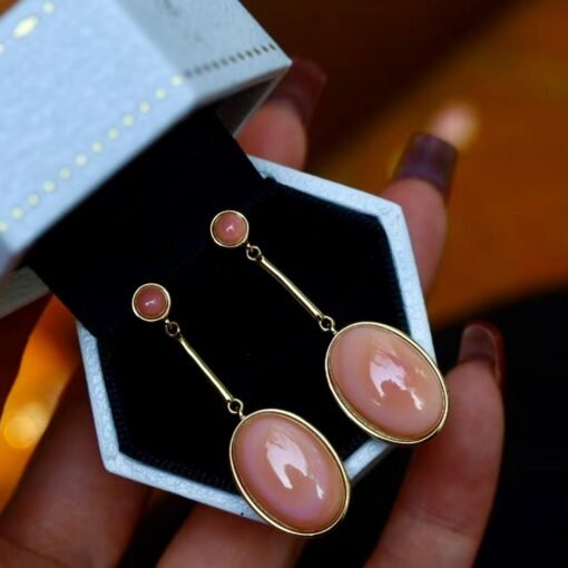 Natural Oval Bezel Pink Queen Conch Shell drop earring silver/Art Deco Trendy Real Pink Gemstone Jewelry|Statement Unique Earring gold - Image 4