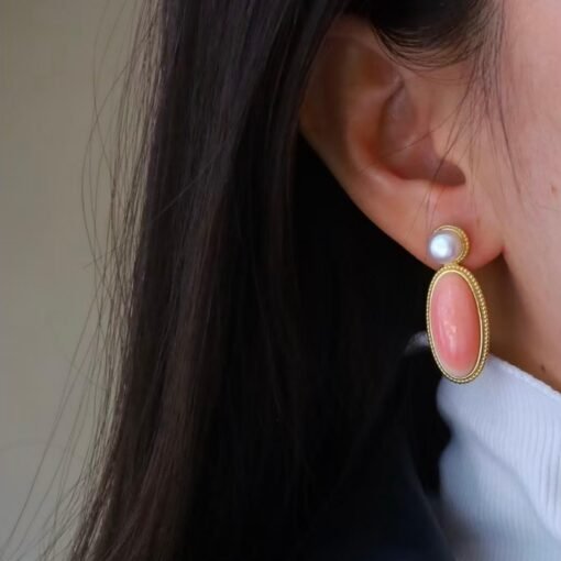 Natural Long Oval Pink Queen Conch Shell with pearl earring silver/Art Deco Trendy real pearl Jewelry|Unique Pink Gem Earring Women - Image 4