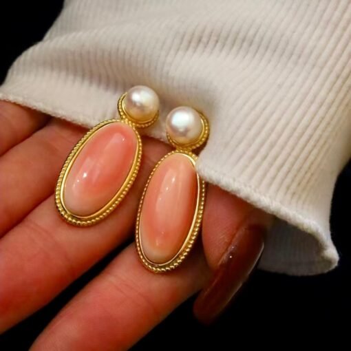 Natural Long Oval Pink Queen Conch Shell with pearl earring silver/Art Deco Trendy real pearl Jewelry|Unique Pink Gem Earring Women - Image 3