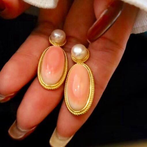 Natural Long Oval Pink Queen Conch Shell with pearl earring silver/Art Deco Trendy real pearl Jewelry|Unique Pink Gem Earring Women - Image 5