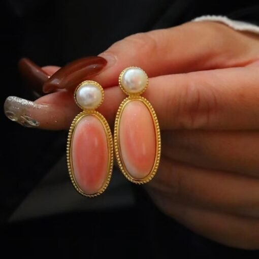 Natural Long Oval Pink Queen Conch Shell with pearl earring silver/Art Deco Trendy real pearl Jewelry|Unique Pink Gem Earring Women - Image 6