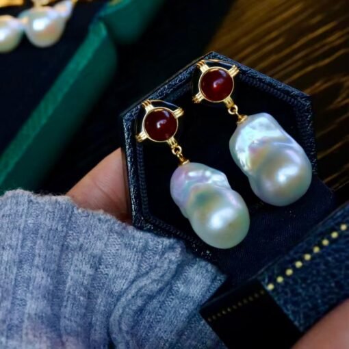 Natural Pearl Drop Earrings With Garnet Silver|Statement Modern Pearl Drop/Art deco Pearl Drop Women|Unique June Birthstone Gift - Image 2