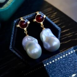 Natural Pearl Drop Earrings With Garnet Silver|Statement Modern Pearl Drop/Art deco Pearl Drop Women|Unique June Birthstone Gift