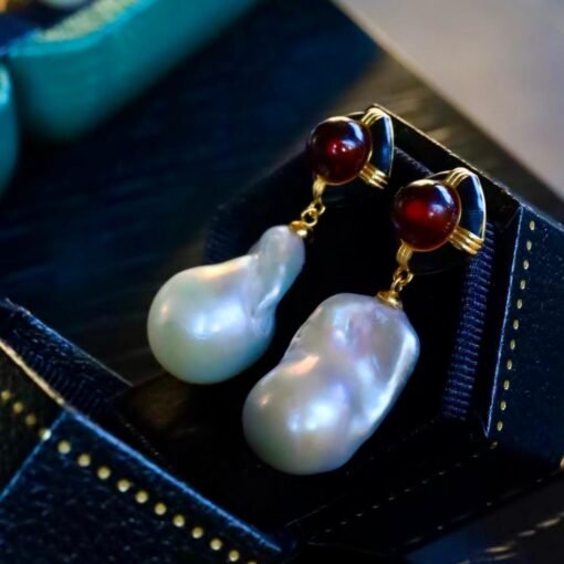 Natural Pearl Drop Earrings With Garnet Silver|Statement Modern Pearl Drop/Art deco Pearl Drop Women|Unique June Birthstone Gift - Image 8