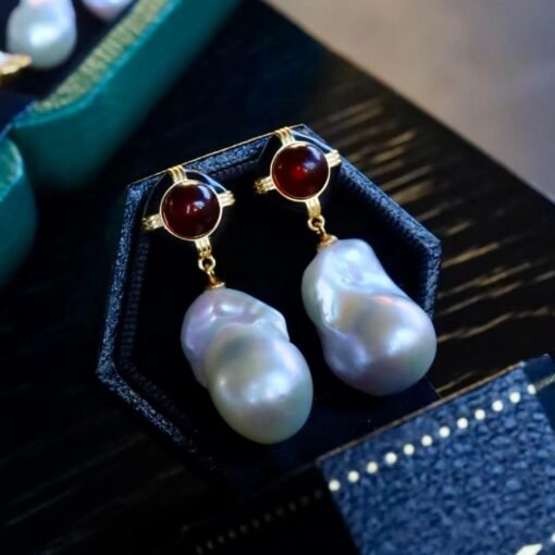 Natural Pearl Drop Earrings With Garnet Silver|Statement Modern Pearl Drop/Art deco Pearl Drop Women|Unique June Birthstone Gift - Image 6