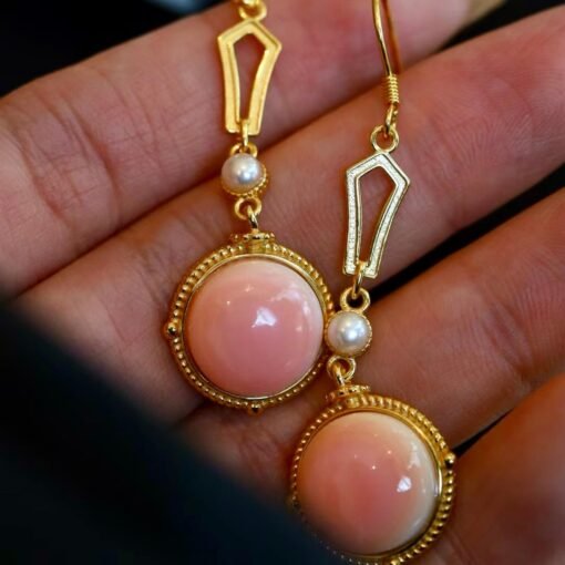 Natural Round Bezel Pink Queen Conch Shell drop with pearl earring silver/Art Deco Trendy Pink Gemstone Jewelry|Statement Unique Earring - Image 3