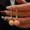Natural Round Bezel Pink Queen Conch Shell drop with pearl earring silver/Art Deco Trendy Pink Gemstone Jewelry|Statement Unique Earring