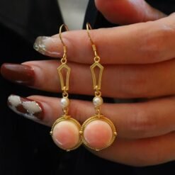 Natural Round Bezel Pink Queen Conch Shell drop with pearl earring silver/Art Deco Trendy Pink Gemstone Jewelry|Statement Unique Earring