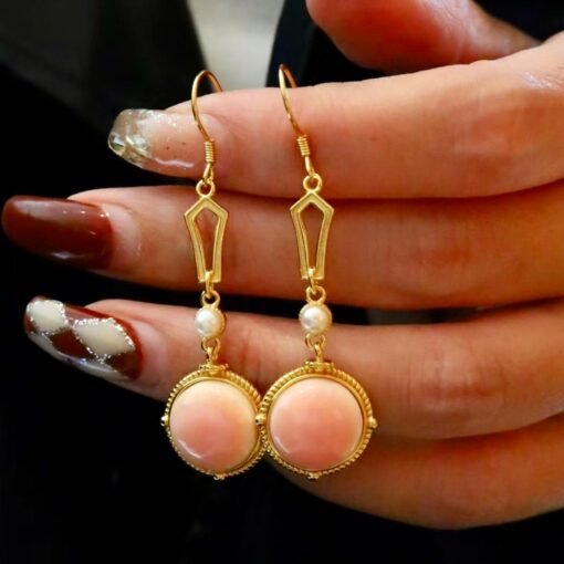 Natural Round Bezel Pink Queen Conch Shell drop with pearl earring silver/Art Deco Trendy Pink Gemstone Jewelry|Statement Unique Earring - Image 2