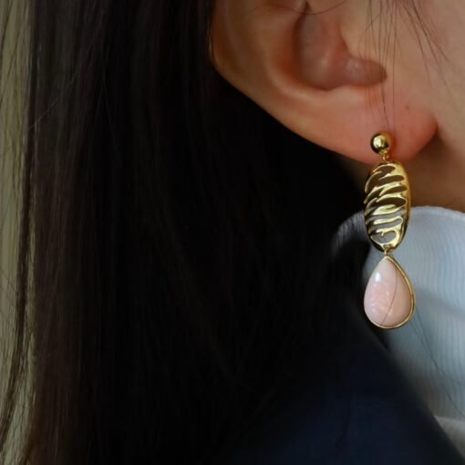 Natural Teardrop Bezel Pink Queen Conch Shell drop earring silver/Art Deco Trendy Real Pink Gemstone Jewelry|Statement Unique Earring gold - Image 3