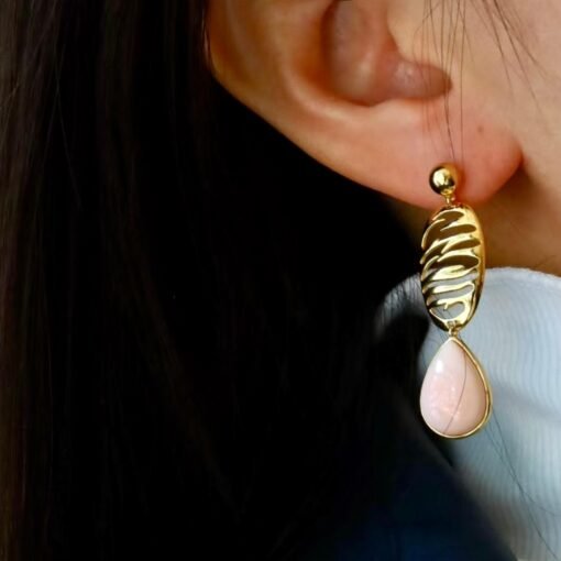 Natural Teardrop Bezel Pink Queen Conch Shell drop earring silver/Art Deco Trendy Real Pink Gemstone Jewelry|Statement Unique Earring gold - Image 5