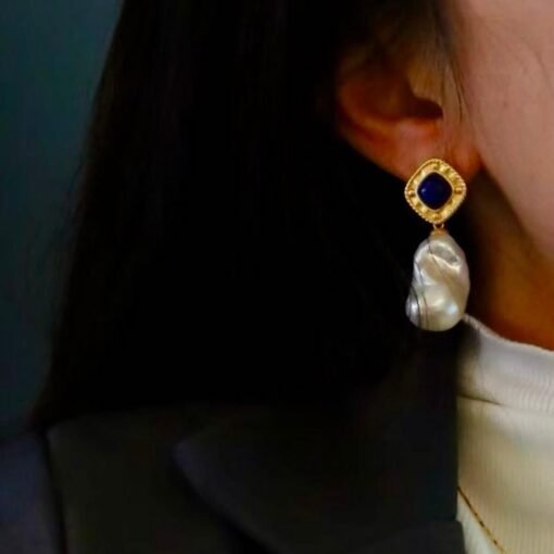 Unique Pearl Drop Earrings With Lapis Lazuli Silver|Real Pearl Studs Earrings|Vintage Statement Pearl Earrings|Natural Handmade Earrings - Image 4