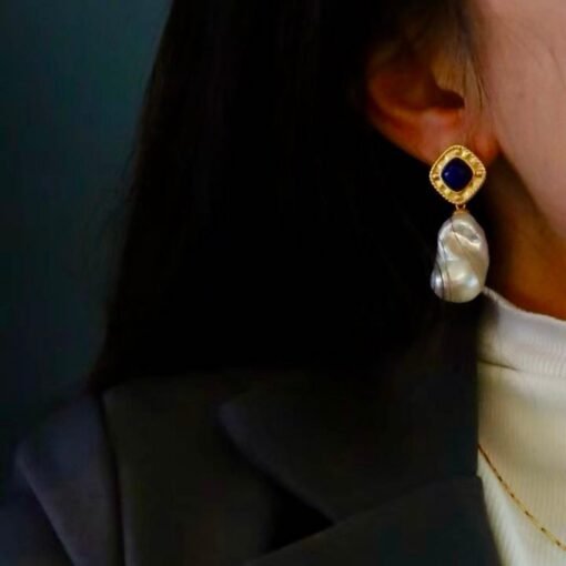 Unique Pearl Drop Earrings With Lapis Lazuli Silver|Real Pearl Studs Earrings|Vintage Statement Pearl Earrings|Natural Handmade Earrings - Image 7