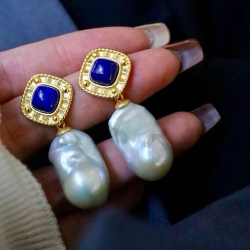 Unique Pearl Drop Earrings With Lapis Lazuli Silver|Real Pearl Studs Earrings|Vintage Statement Pearl Earrings|Natural Handmade Earrings - Image 2