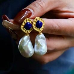 Unique Pearl Drop Earrings With Lapis Lazuli Silver|Real Pearl Studs Earrings|Vintage Statement Pearl Earrings|Natural Handmade Earrings