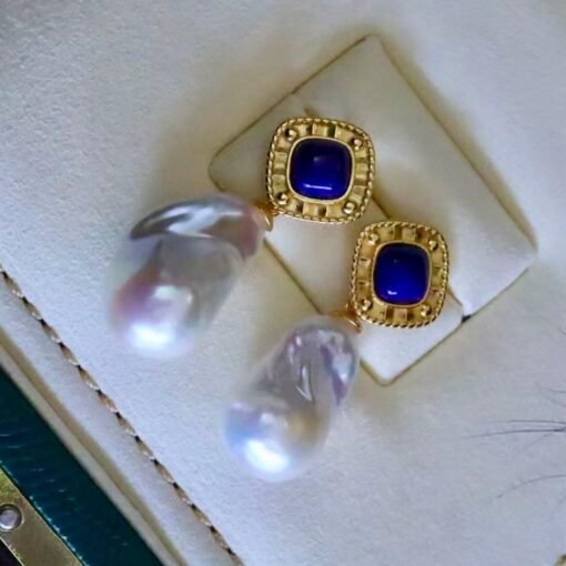 Unique Pearl Drop Earrings With Lapis Lazuli Silver|Real Pearl Studs Earrings|Vintage Statement Pearl Earrings|Natural Handmade Earrings - Image 6